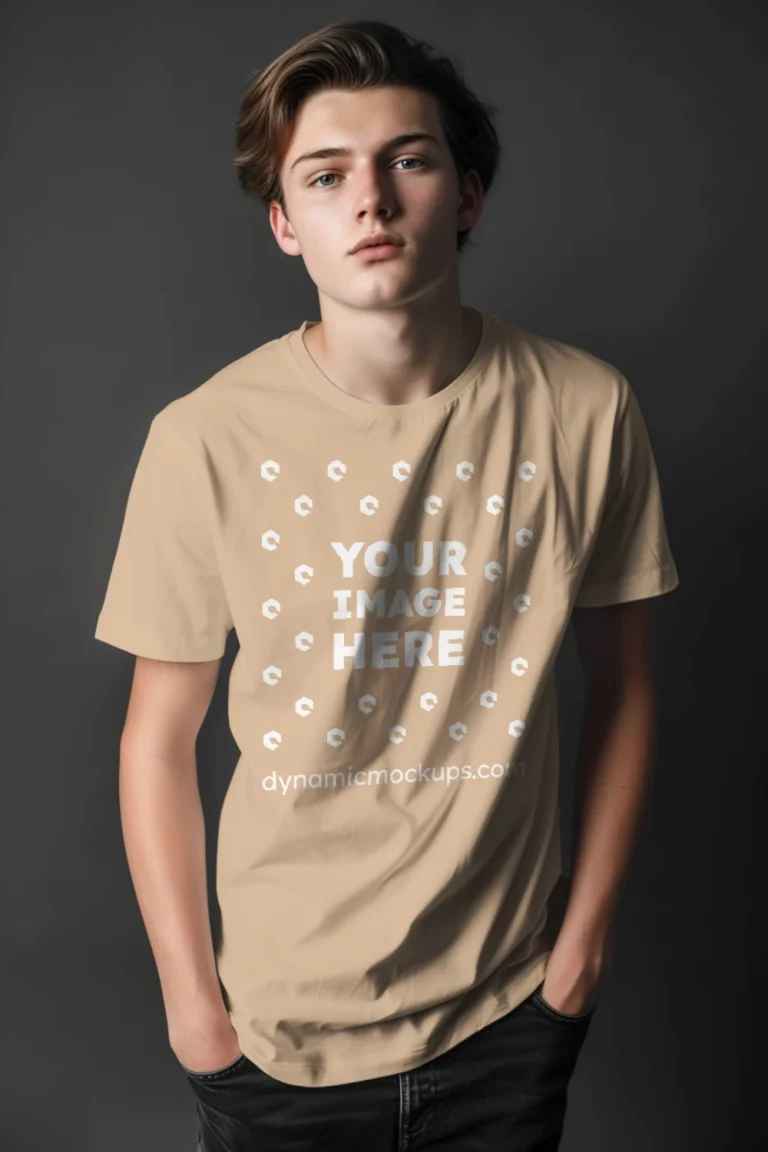 Man Wearing Tan T-shirt Mockup Front View Template