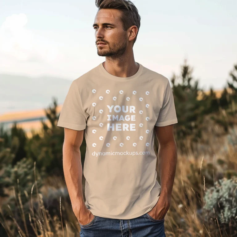 Man Wearing Tan T-shirt Mockup Front View Template