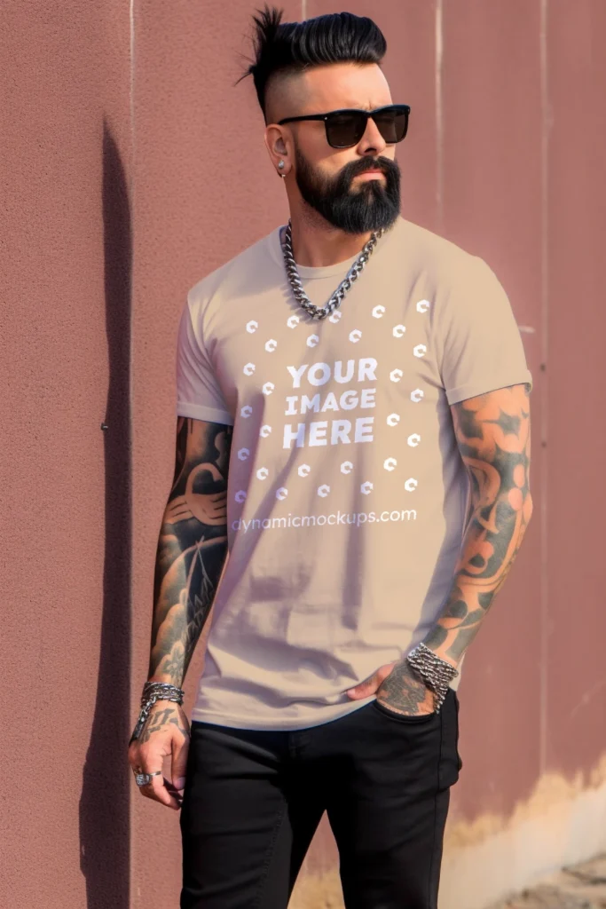 Man Wearing Tan T-shirt Mockup Front View Template