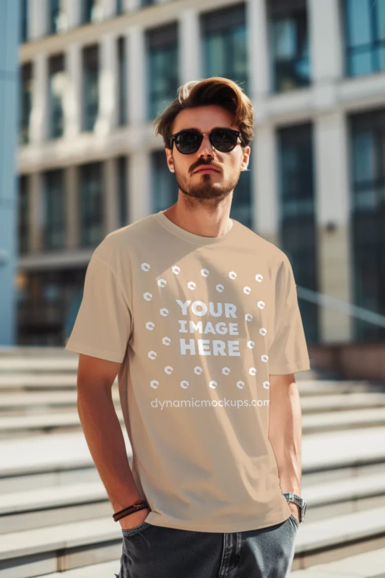 Man Wearing Tan T-shirt Mockup Front View Template