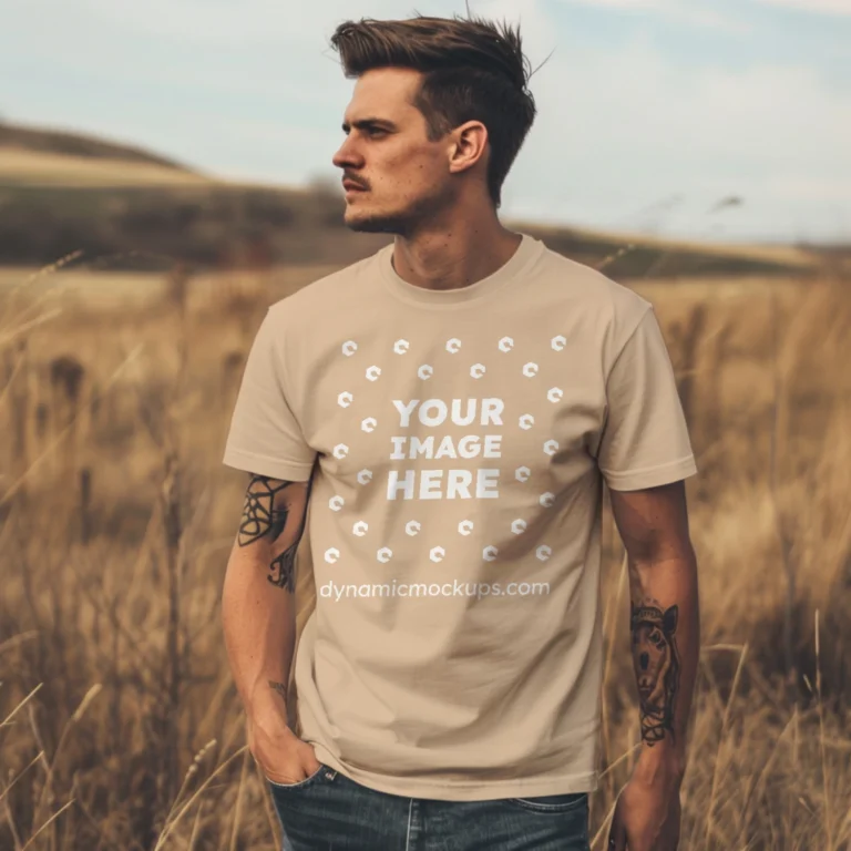 Man Wearing Tan T-shirt Mockup Front View Template