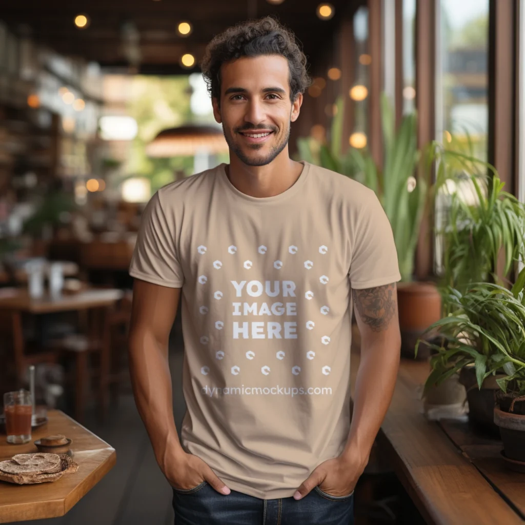 Man Wearing Tan T-shirt Mockup Front View Template