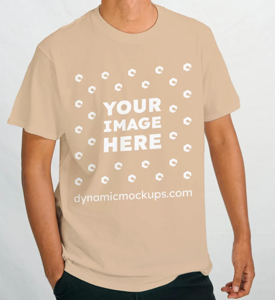 Man Wearing Tan T-shirt Mockup Front View Template