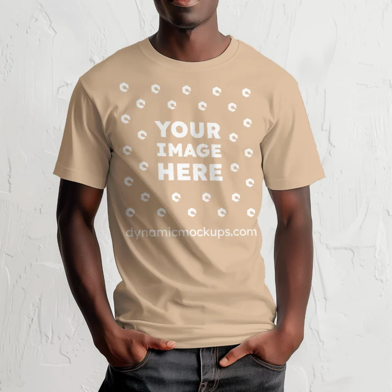 Man Wearing Tan T-shirt Mockup Front View Template