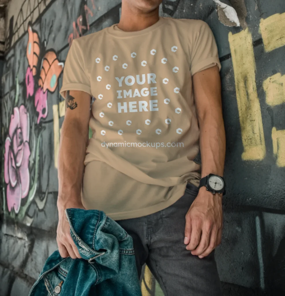 Man Wearing Tan T-shirt Mockup Front View Template