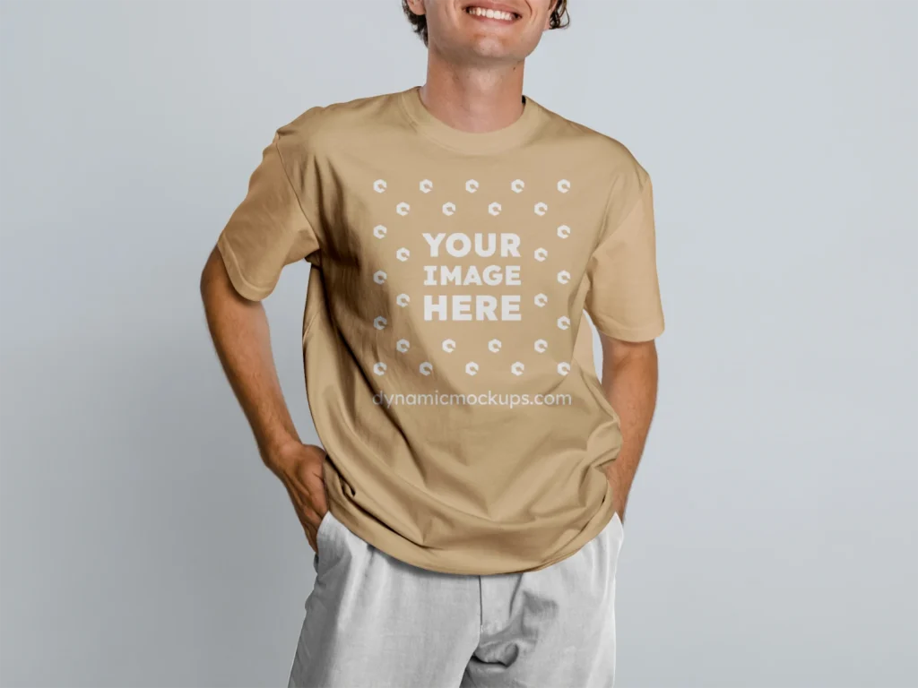 Man Wearing Tan T-shirt Mockup Front View Template