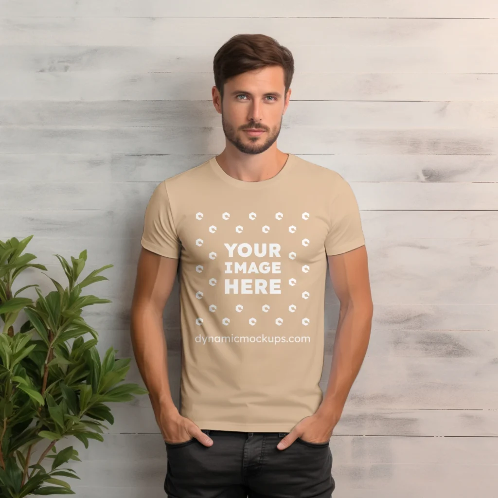 Man Wearing Tan T-shirt Mockup Front View Template