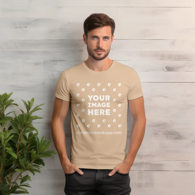 Man Wearing Tan T-shirt Mockup Front View Template