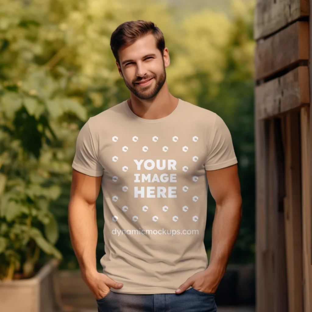 Man Wearing Tan T-shirt Mockup Front View Template