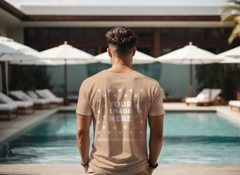 Man Wearing Tan T-shirt Mockup Back View Template