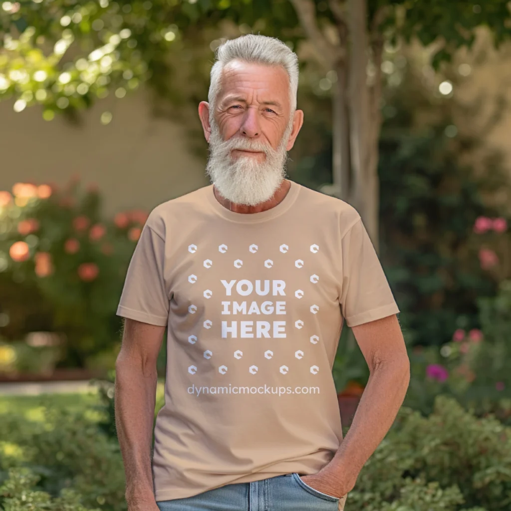 Man Wearing Tan T-shirt Mockup Front View Template