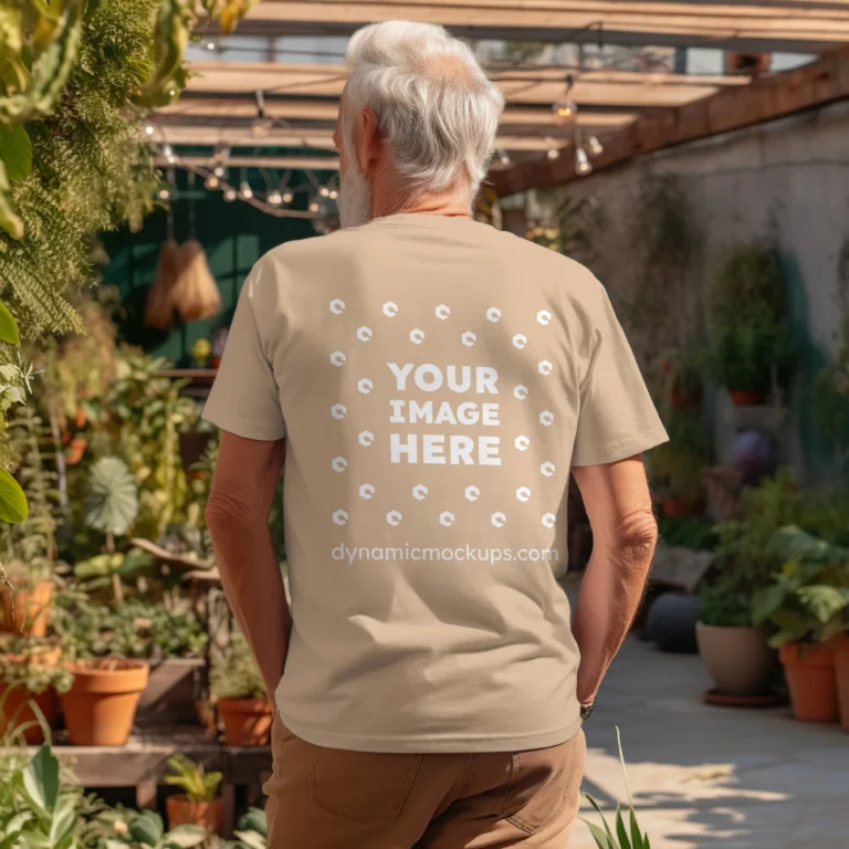 Man Wearing Tan T-shirt Mockup Back View Template