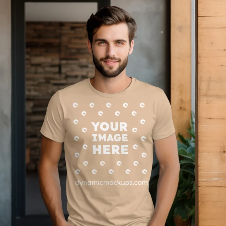 Man Wearing Tan T-shirt Mockup Front View Template