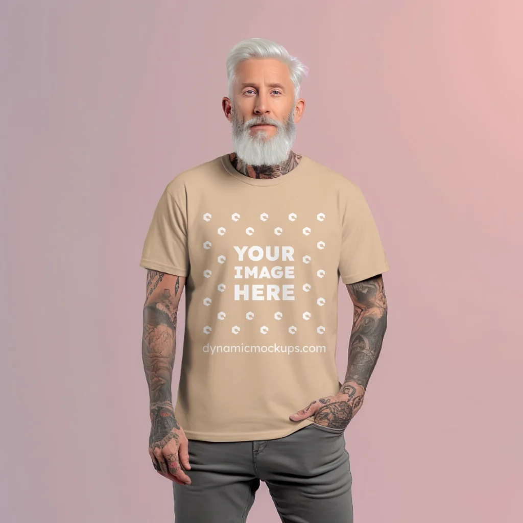 Man Wearing Tan T-shirt Mockup Front View Template