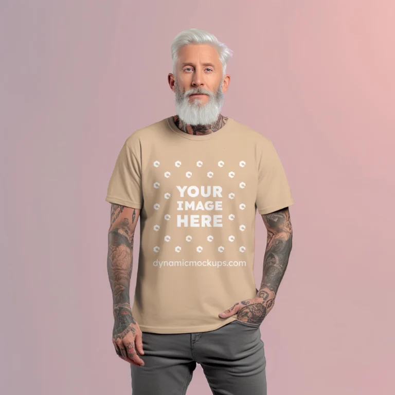 Man Wearing Tan T-shirt Mockup Front View Template