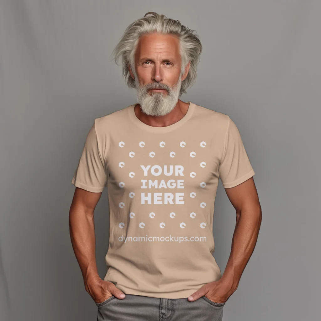 Man Wearing Tan T-shirt Mockup Front View Template