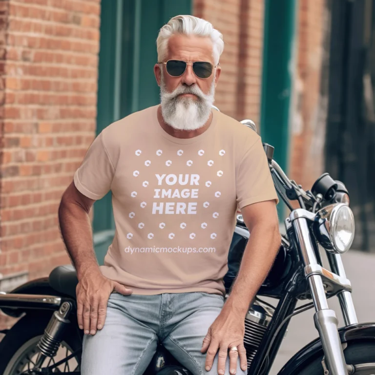 Man Wearing Tan T-shirt Mockup Front View Template