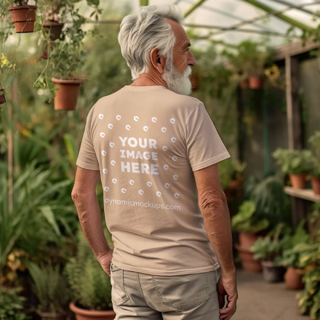 Man Wearing Tan T-shirt Mockup Back View Template