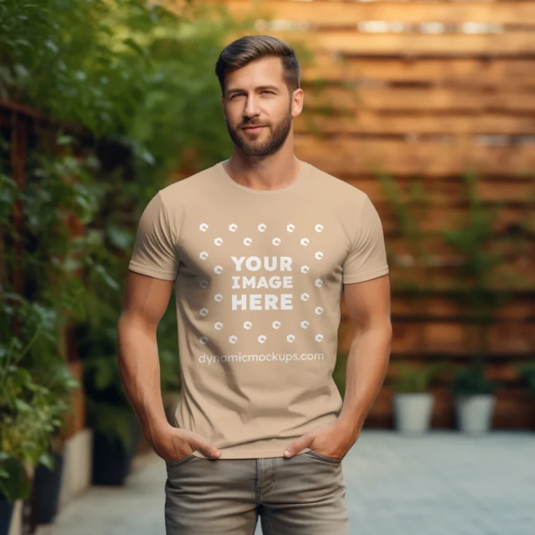 Man Wearing Tan T-shirt Mockup Front View Template