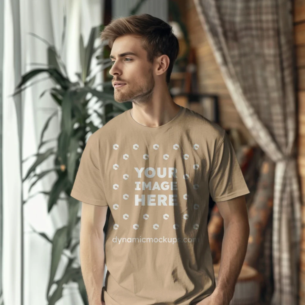 Man Wearing Tan T-shirt Mockup Front View Template