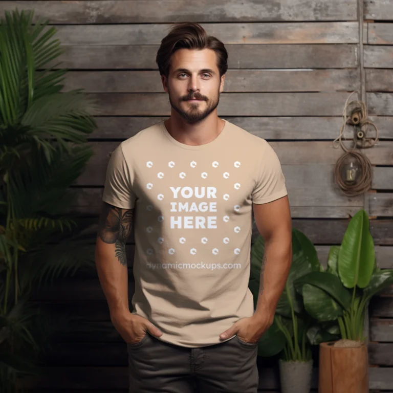 Man Wearing Tan T-shirt Mockup Front View Template