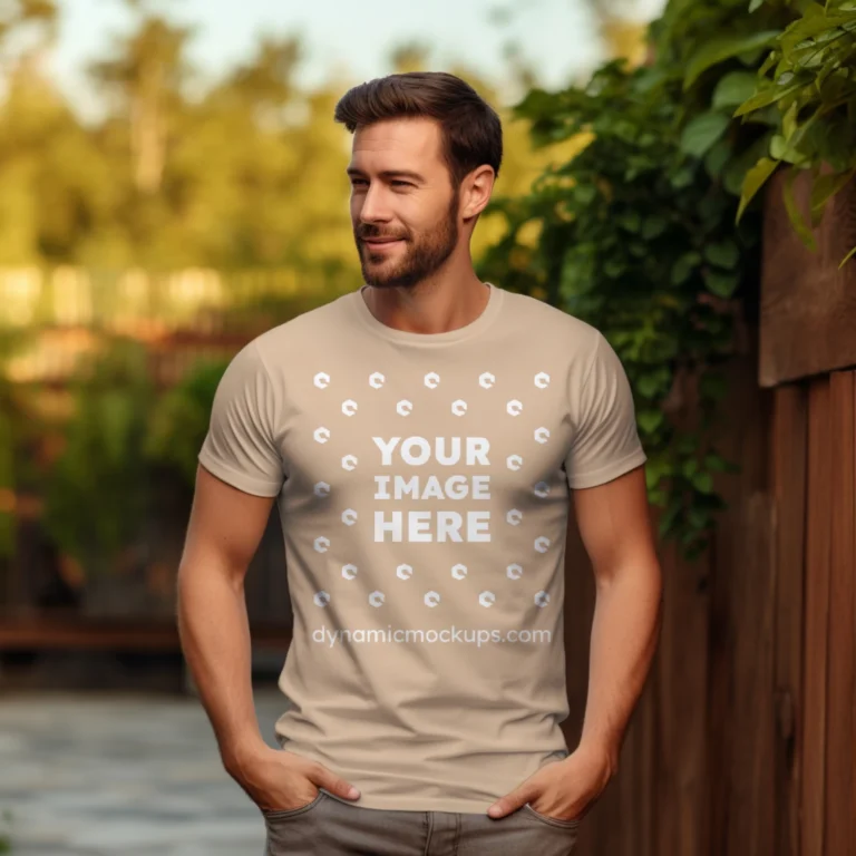 Man Wearing Tan T-shirt Mockup Front View Template