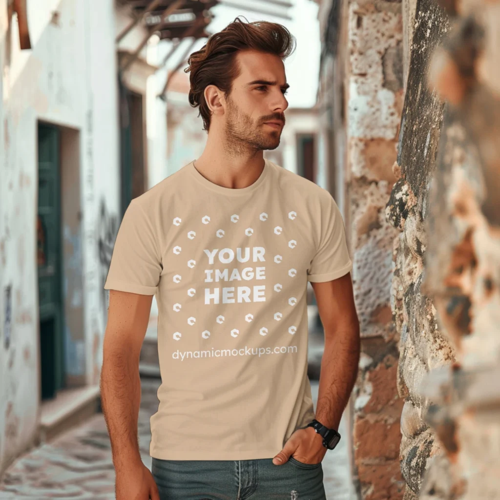 Man Wearing Tan T-shirt Mockup Front View Template