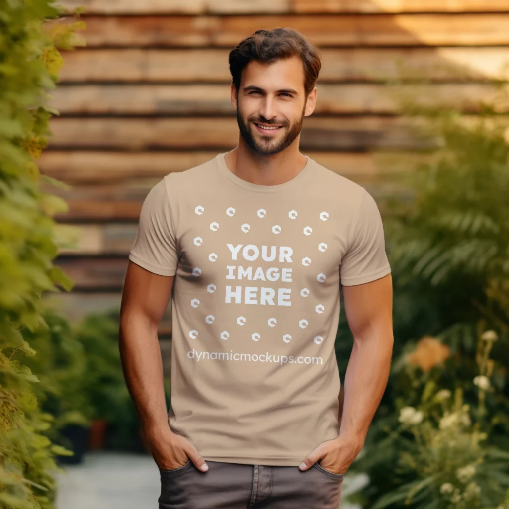 Man Wearing Tan T-shirt Mockup Front View Template