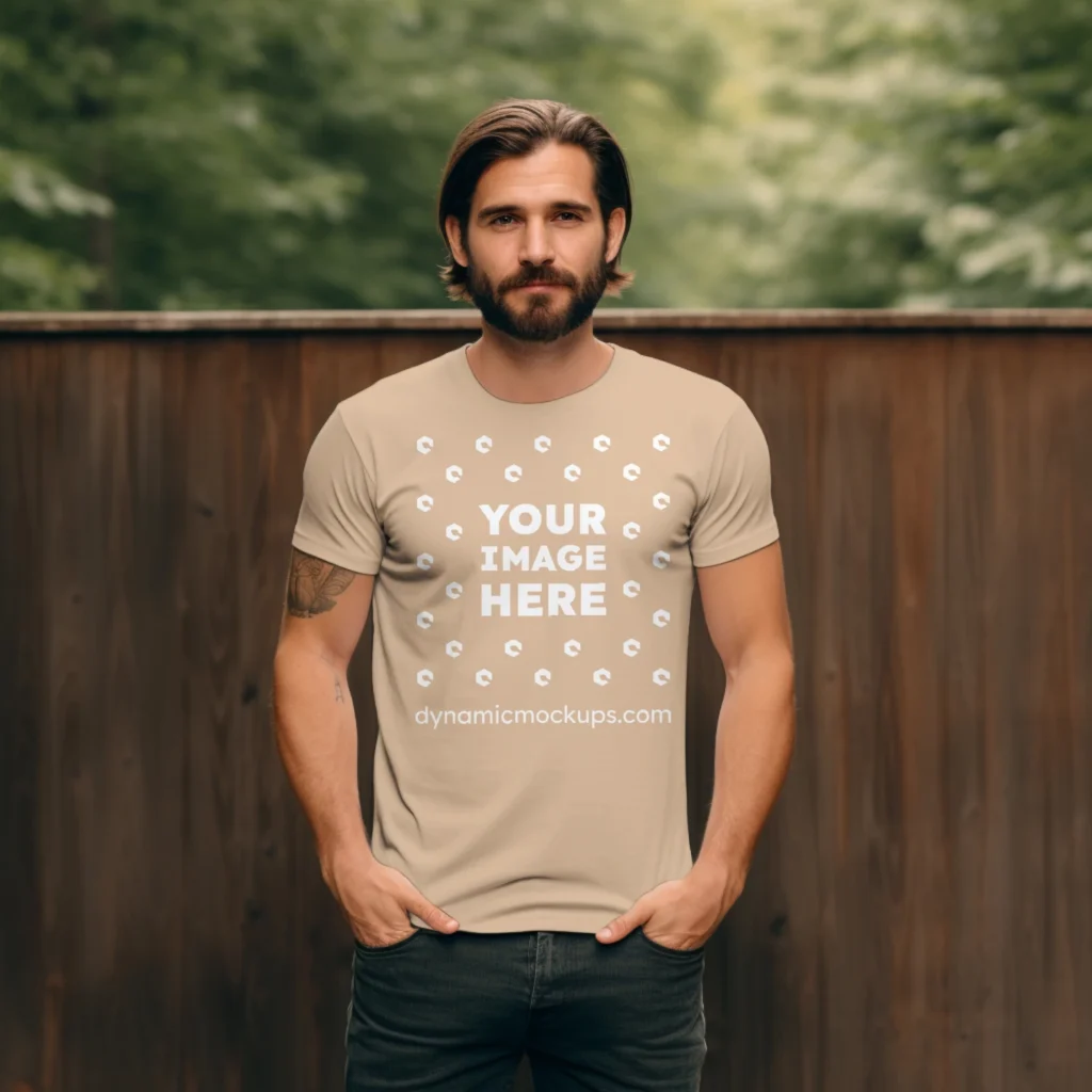 Man Wearing Tan T-shirt Mockup Front View Template