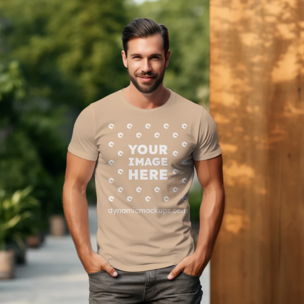 Man Wearing Tan T-shirt Mockup Front View Template