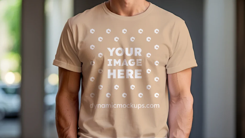 Man Wearing Tan T-shirt Mockup Front View Template