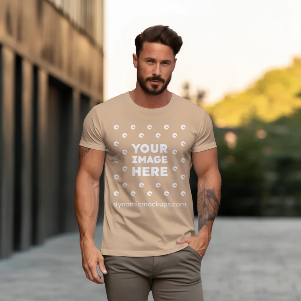 Man Wearing Tan T-shirt Mockup Front View Template