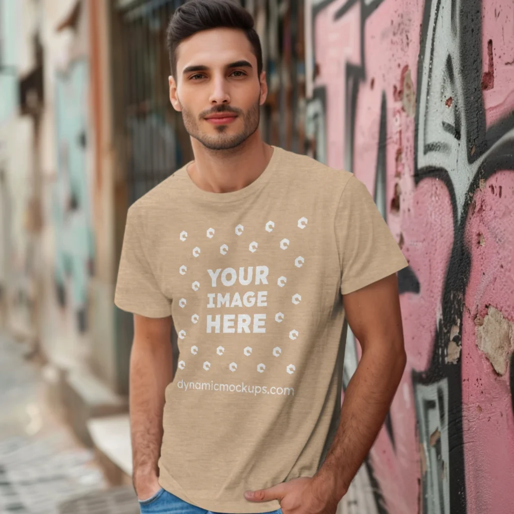 Man Wearing Tan T-shirt Mockup Front View Template