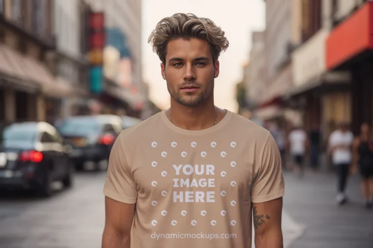 Man Wearing Tan T-shirt Mockup Front View Template