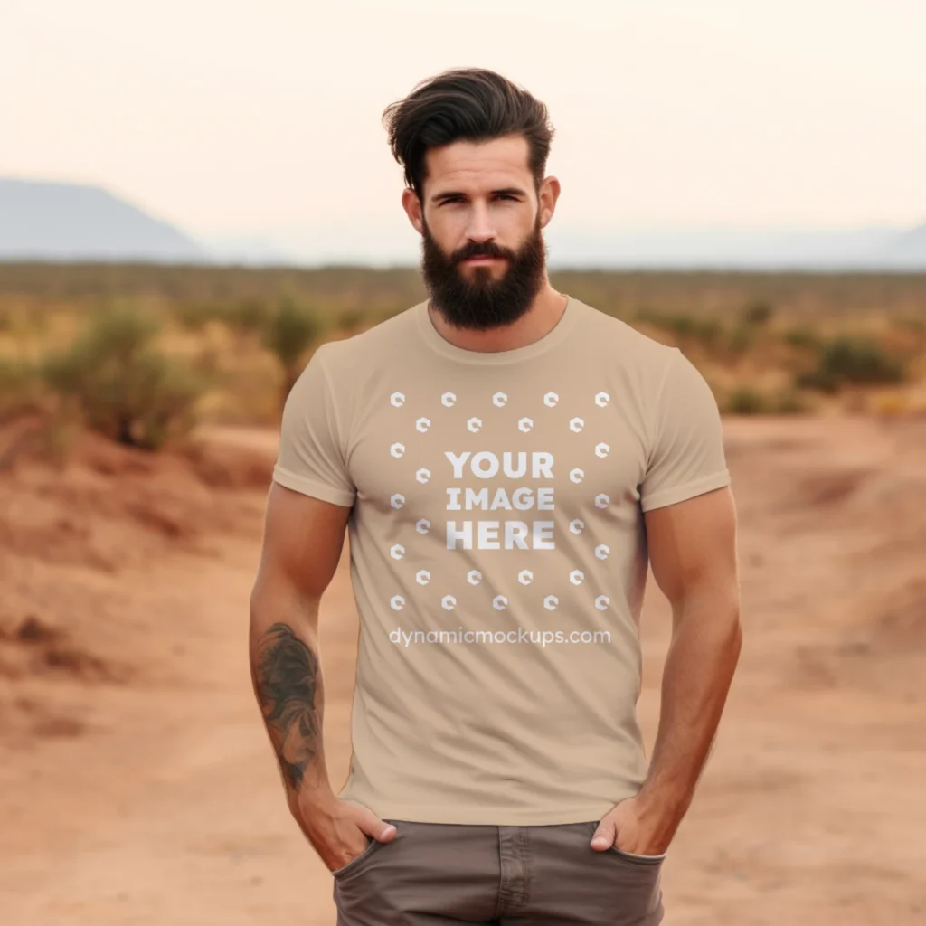 Man Wearing Tan T-shirt Mockup Front View Template