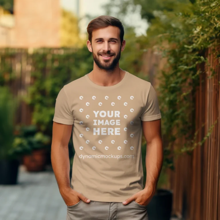 Man Wearing Tan T-shirt Mockup Front View Template