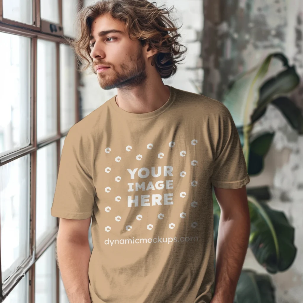 Man Wearing Tan T-shirt Mockup Front View Template