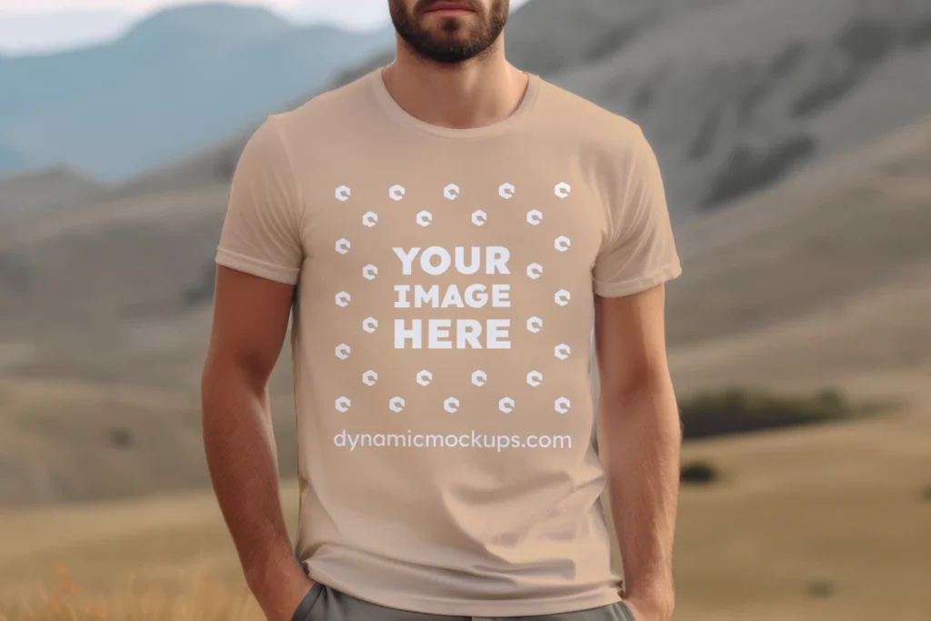 Man Wearing Tan T-shirt Mockup Front View Template