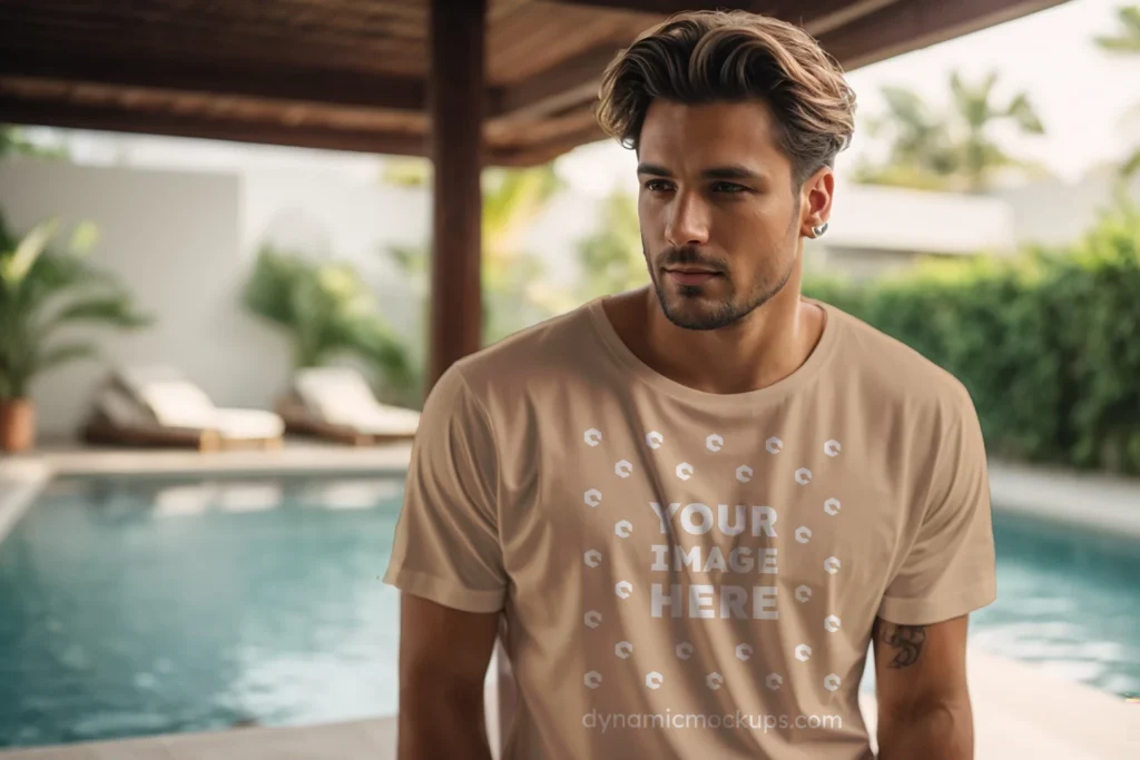 Man Wearing Tan T-shirt Mockup Front View Template