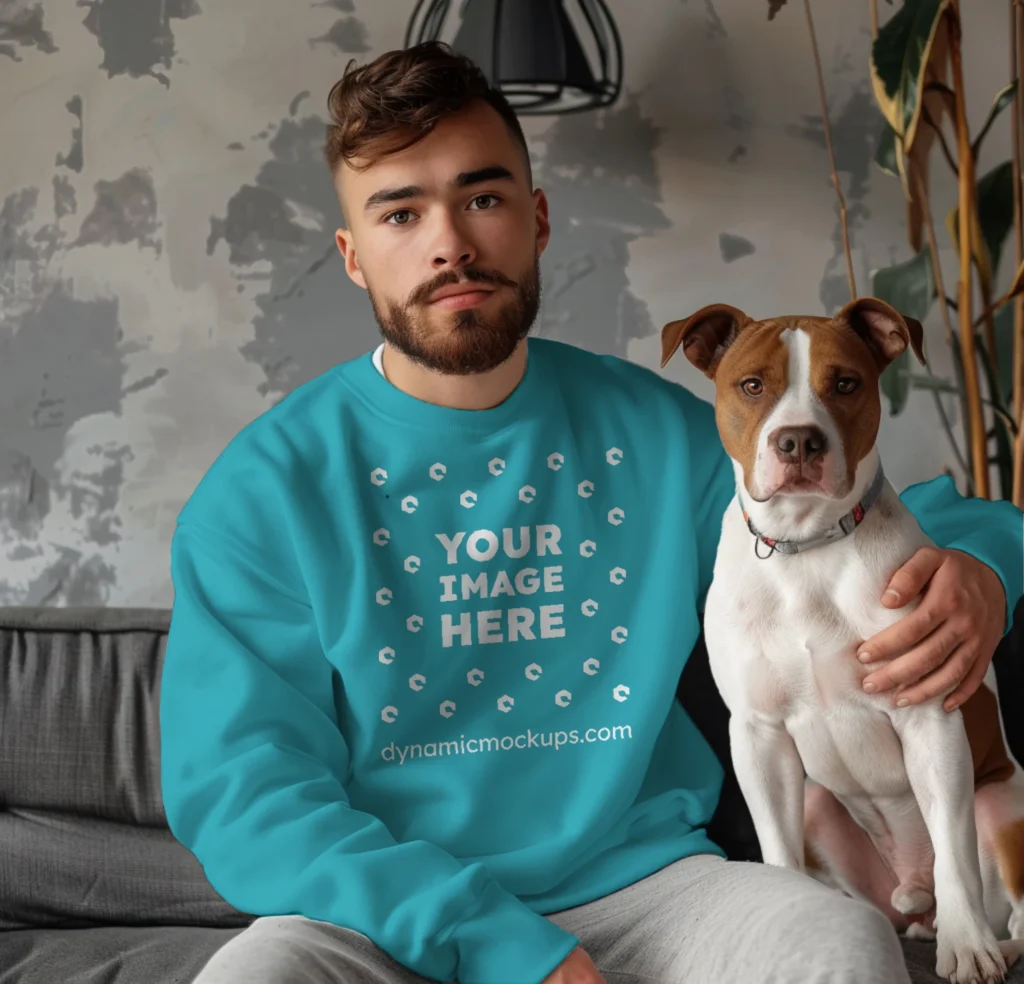 Man Wearing Teal Sweatshirt Mockup Front View Template