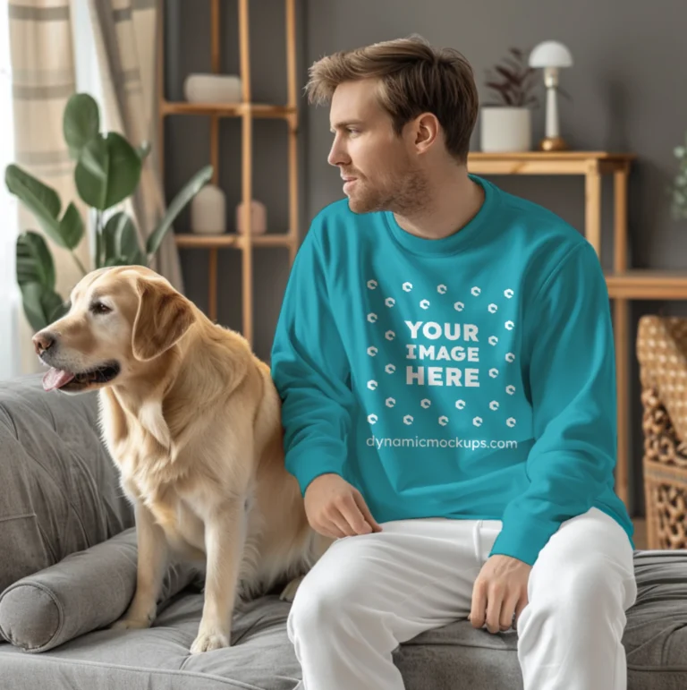 Man Wearing Teal Sweatshirt Mockup Front View Template