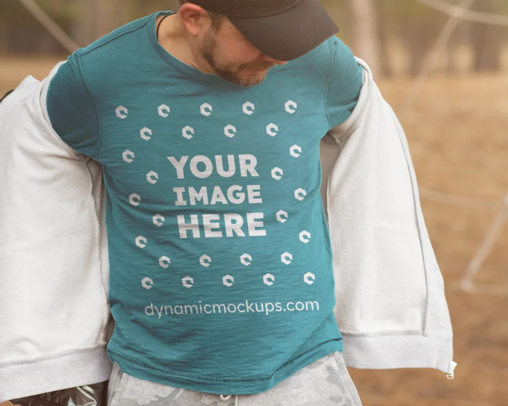 Man Wearing Teal Sweatshirt Mockup Front View Template