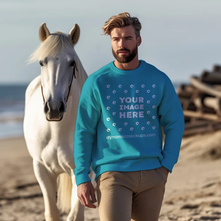 Man Wearing Teal Sweatshirt Mockup Front View Template