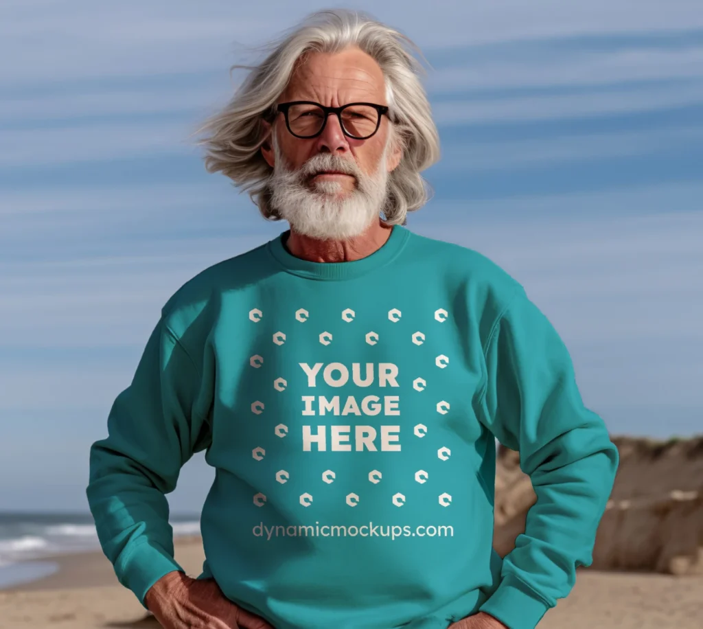 Man Wearing Teal Sweatshirt Mockup Front View Template