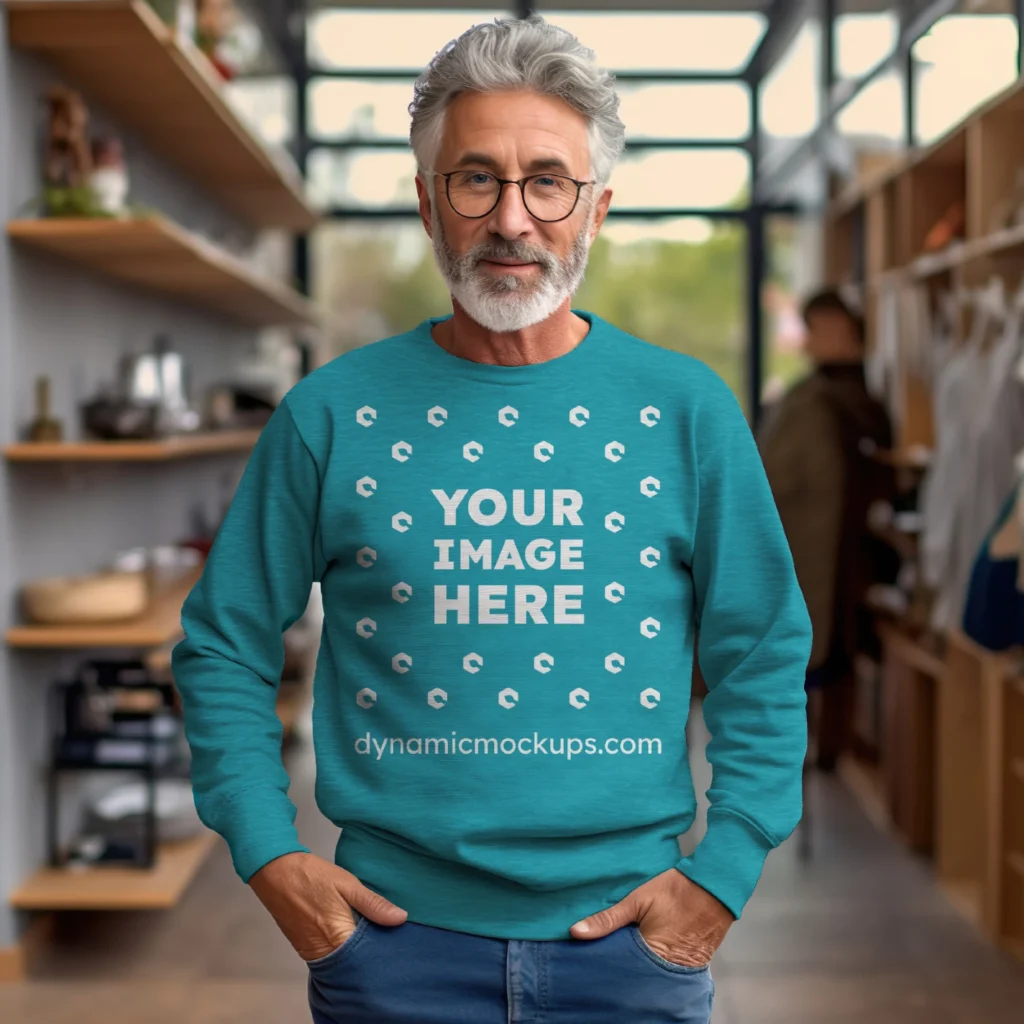 Man Wearing Teal Sweatshirt Mockup Front View Template