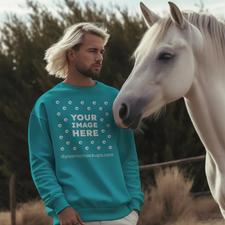 Man Wearing Teal Sweatshirt Mockup Front View Template