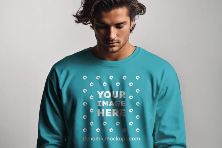 Man Wearing Teal Sweatshirt Mockup Front View Template