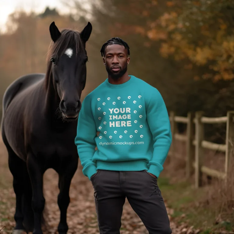 Man Wearing Teal Sweatshirt Mockup Front View Template