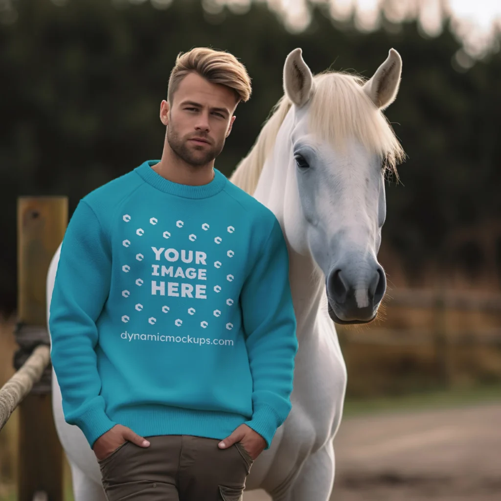 Man Wearing Teal Sweatshirt Mockup Front View Template