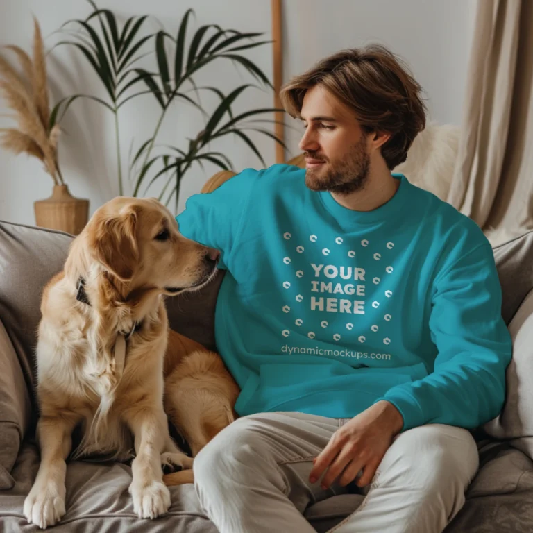 Man Wearing Teal Sweatshirt Mockup Front View Template